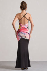 Black Floral Print Cowl-Neck Open-Back Split Maxi Dress